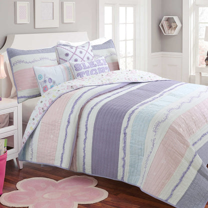 Cozy Line Home Fashions - Set di biancheria da letto trapuntato in cotone rosa e viola con motivo floreale a strisce, stella e farfalla