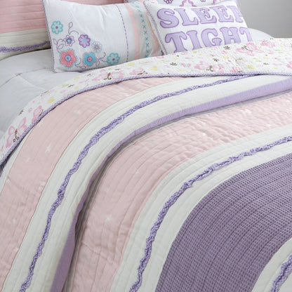 Cozy Line Home Fashions - Set di biancheria da letto trapuntato in cotone rosa e viola con motivo floreale a strisce, stella e farfalla