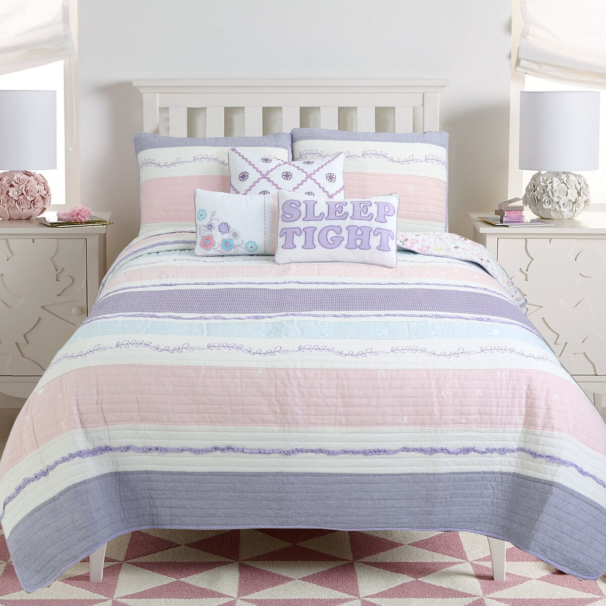 Cozy Line Home Fashions - Set di biancheria da letto trapuntato in cotone rosa e viola con motivo floreale a strisce, stella e farfalla