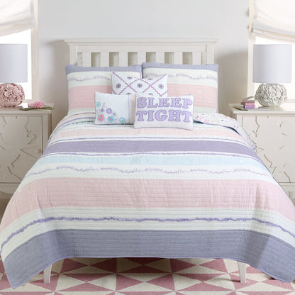 Cozy Line Home Fashions - Set di biancheria da letto trapuntato in cotone rosa e viola con motivo floreale a strisce, stella e farfalla