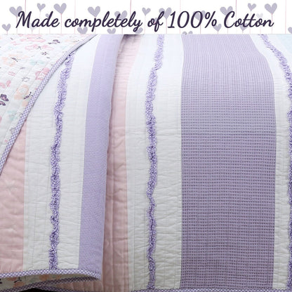 Cozy Line Home Fashions - Set di biancheria da letto trapuntato in cotone rosa e viola con motivo floreale a strisce, stella e farfalla