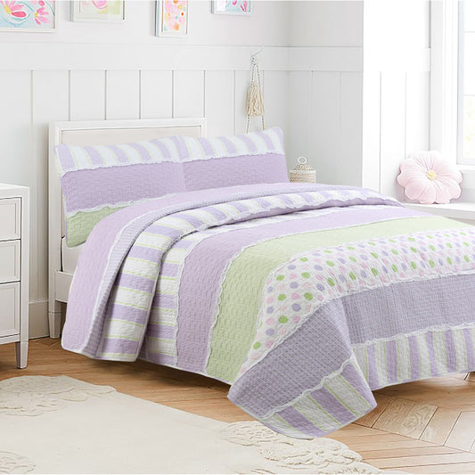 Set di biancheria da letto reversibile in cotone patchwork con volant bianco e pois a righe verdi e lilla Cozy Line