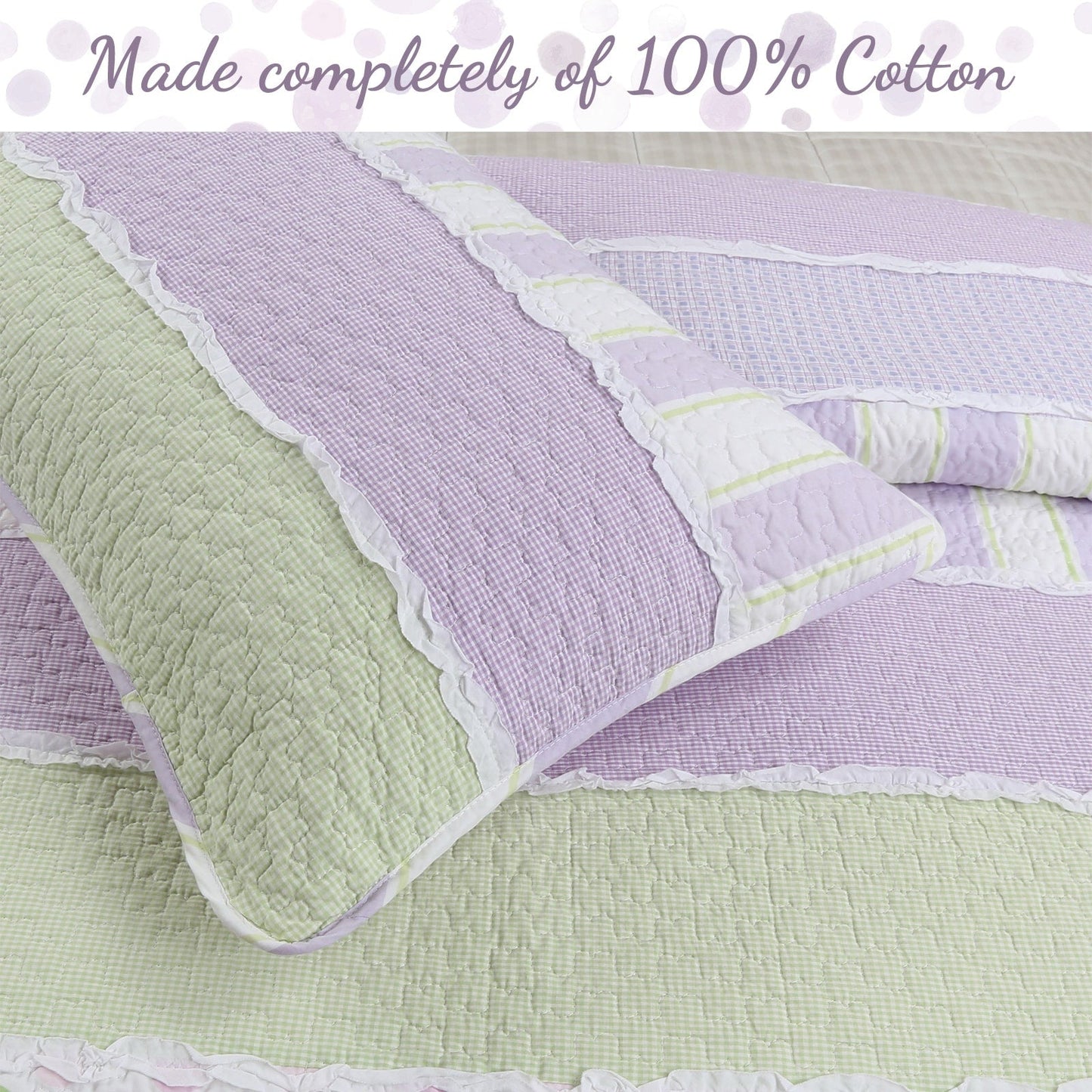 Set di biancheria da letto reversibile in cotone patchwork con volant bianco e pois a righe verdi e lilla Cozy Line