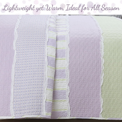 Set di biancheria da letto reversibile in cotone patchwork con volant bianco e pois a righe verdi e lilla Cozy Line