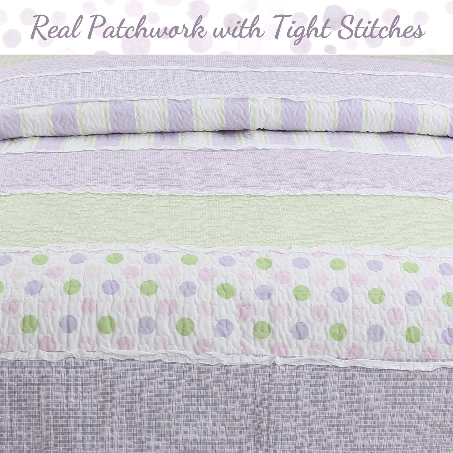 Set di biancheria da letto reversibile in cotone patchwork con volant bianco e pois a righe verdi e lilla Cozy Line