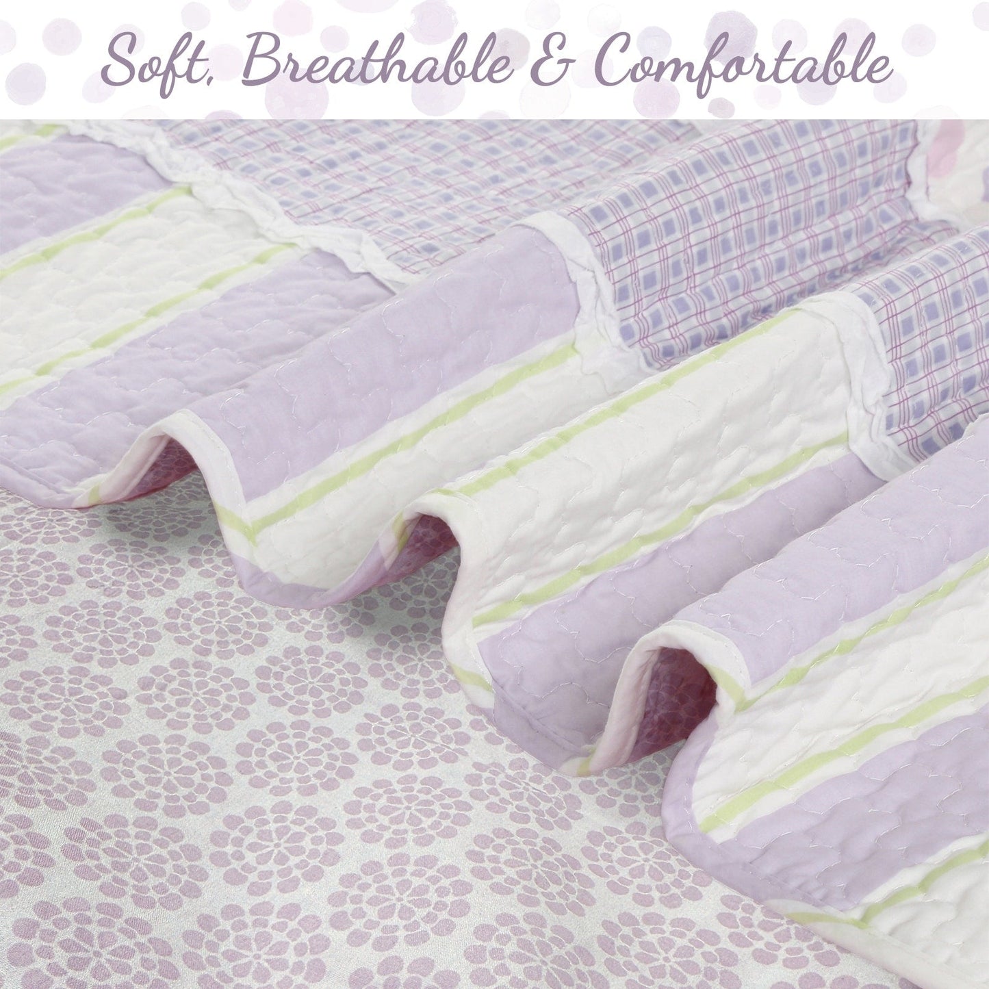 Set di biancheria da letto reversibile in cotone patchwork con volant bianco e pois a righe verdi e lilla Cozy Line