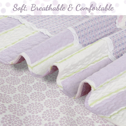 Set di biancheria da letto reversibile in cotone patchwork con volant bianco e pois a righe verdi e lilla Cozy Line