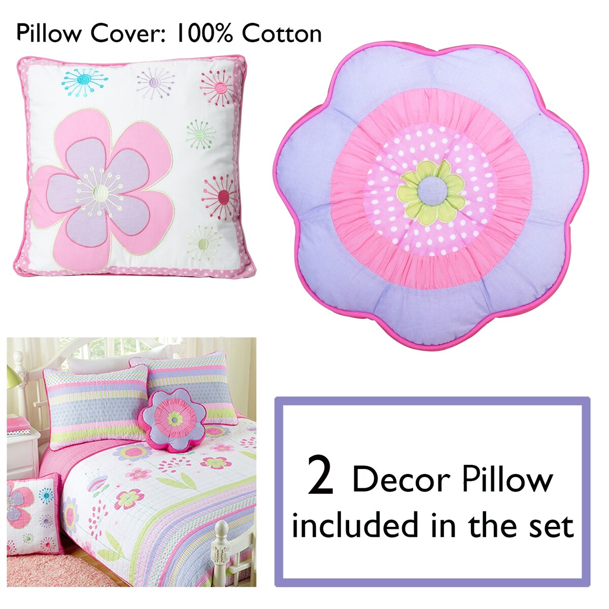 Set di biancheria da letto reversibile in cotone Cozy Line Pink Blossom con cuscini decorativi
