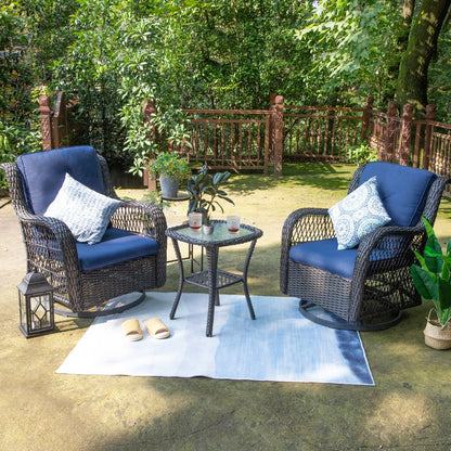 Set di 3 sedie a dondolo girevoli in vimini marrone per esterni