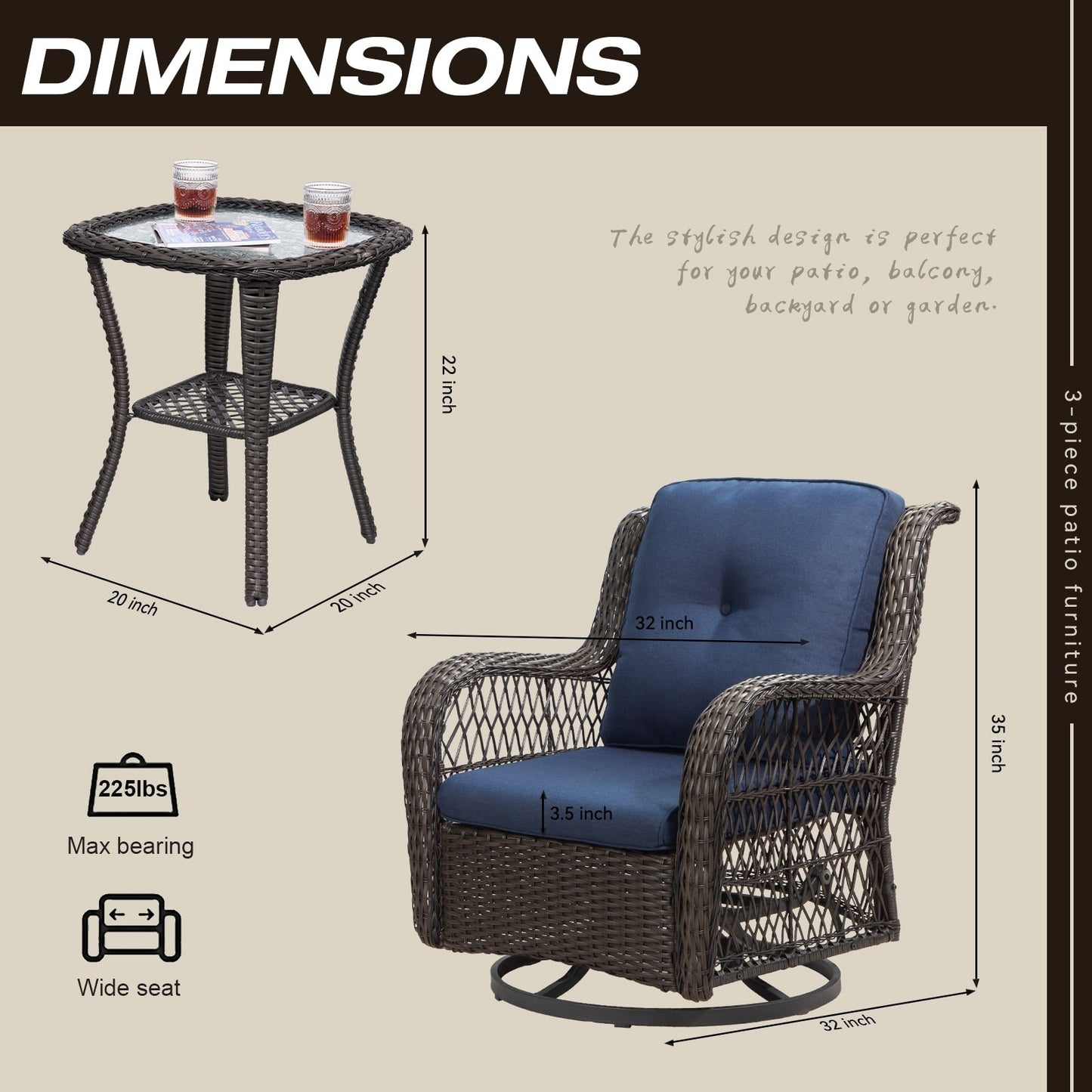 Set di 3 sedie a dondolo girevoli in vimini marrone per esterni