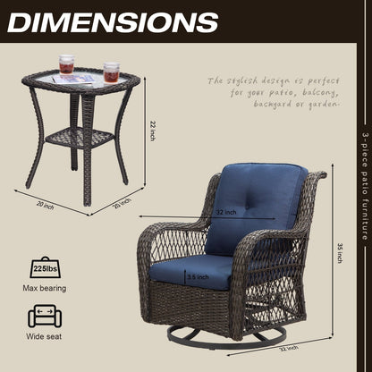 Set di 3 sedie a dondolo girevoli in vimini marrone per esterni