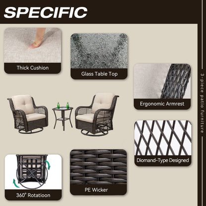 Set di 3 sedie a dondolo girevoli in vimini marrone per esterni