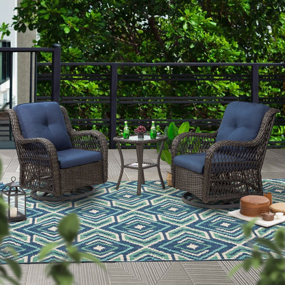 Set di 3 sedie a dondolo girevoli in vimini marrone per esterni