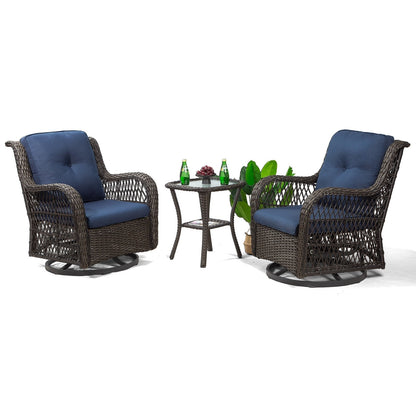 Set di 3 sedie a dondolo girevoli in vimini marrone per esterni