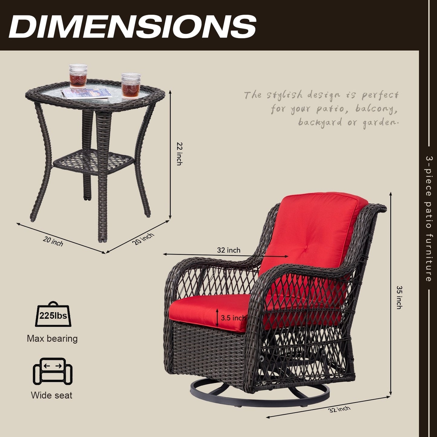 Set di 3 sedie a dondolo girevoli in vimini marrone per esterni