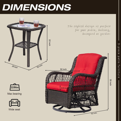 Set di 3 sedie a dondolo girevoli in vimini marrone per esterni