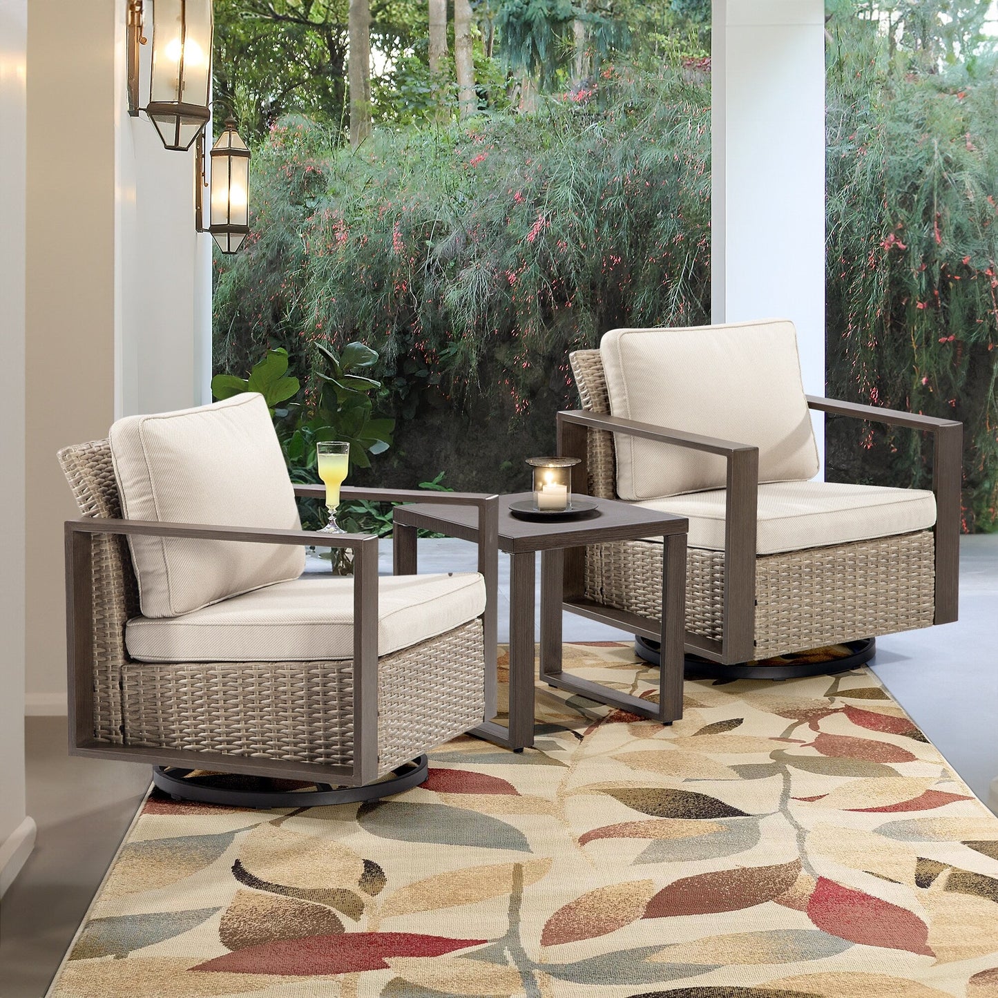 Cozywor - Set da conversazione con sedia a dondolo girevole da esterno, 3 pezzi, per patio e con tavolino laterale