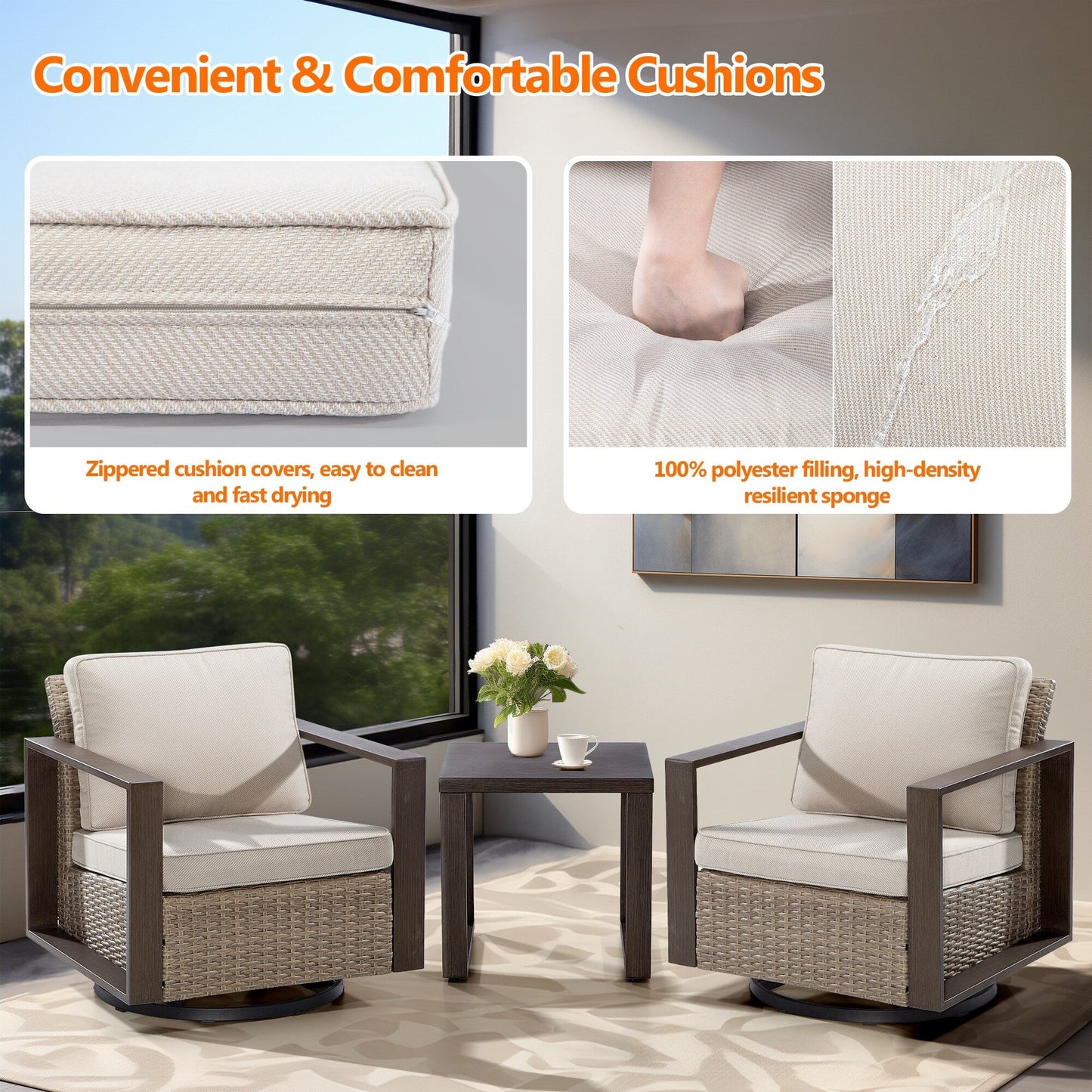 Cozywor - Set da conversazione con sedia a dondolo girevole da esterno, 3 pezzi, per patio e con tavolino laterale