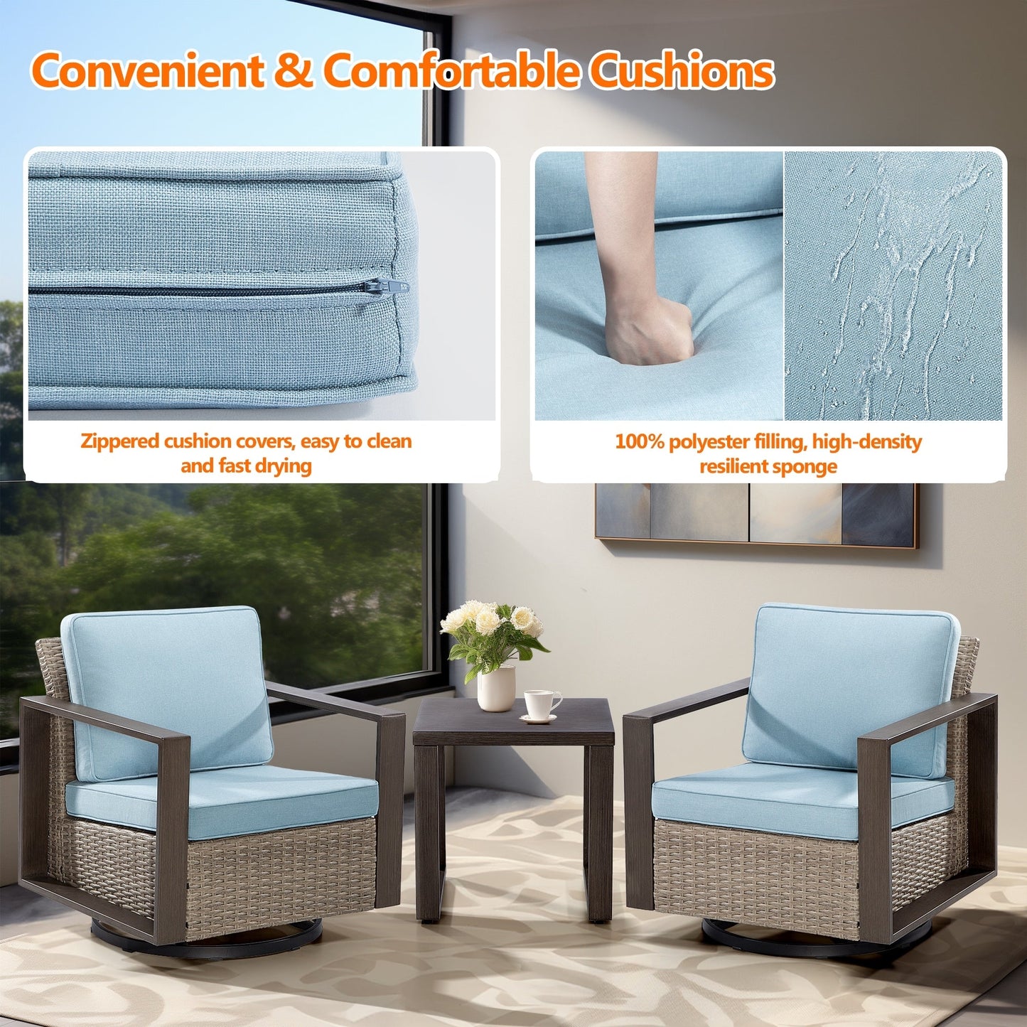 Cozywor - Set da conversazione con sedia a dondolo girevole da esterno, 3 pezzi, per patio e con tavolino laterale