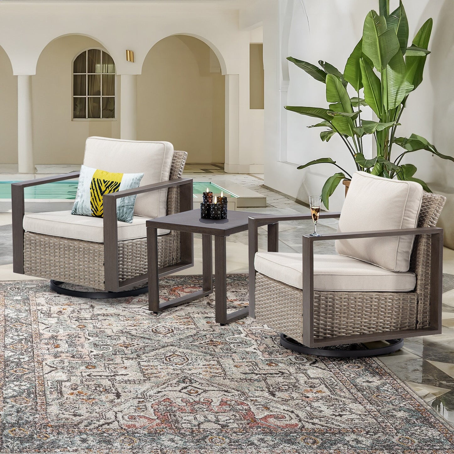 Cozywor - Set da conversazione con sedia a dondolo girevole da esterno, 3 pezzi, per patio e con tavolino laterale