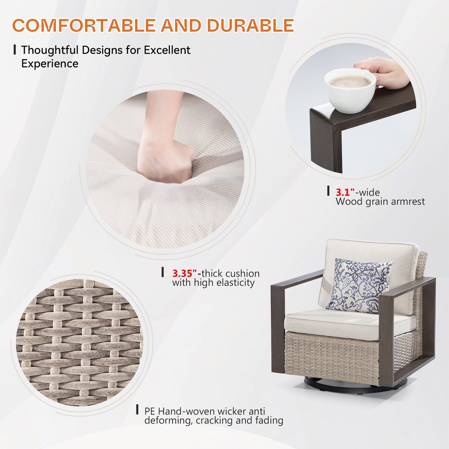 Cozywor - Set da conversazione con sedia a dondolo girevole da esterno, 3 pezzi, per patio e con tavolino laterale