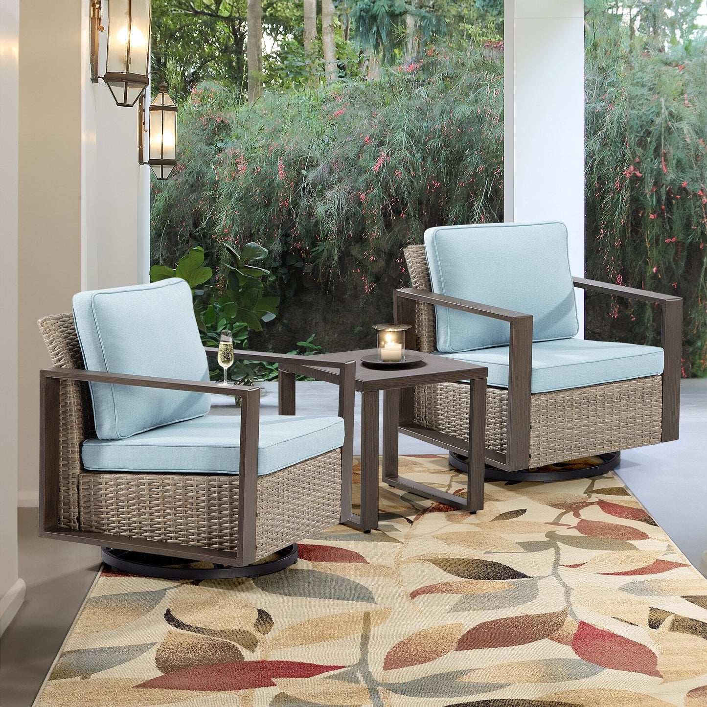 Cozywor - Set da conversazione con sedia a dondolo girevole da esterno, 3 pezzi, per patio e con tavolino laterale