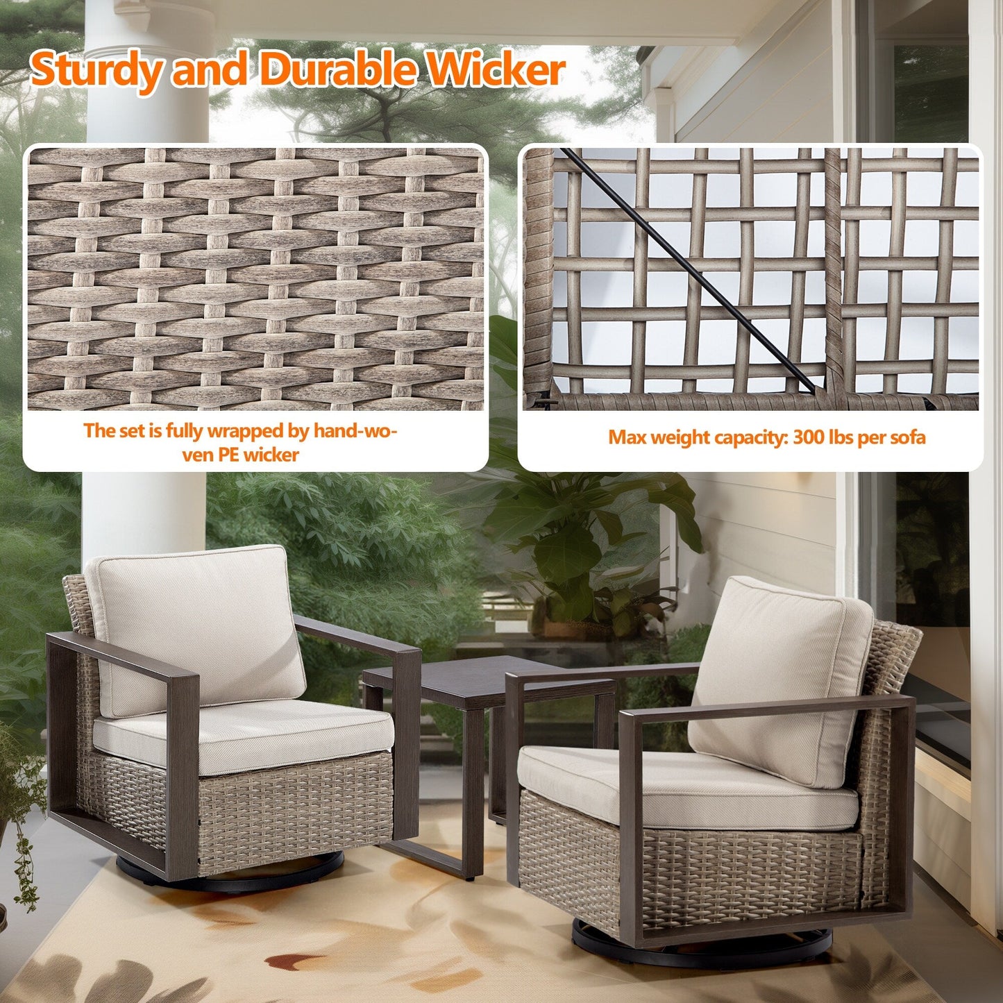 Cozywor - Set da conversazione con sedia a dondolo girevole da esterno, 3 pezzi, per patio e con tavolino laterale