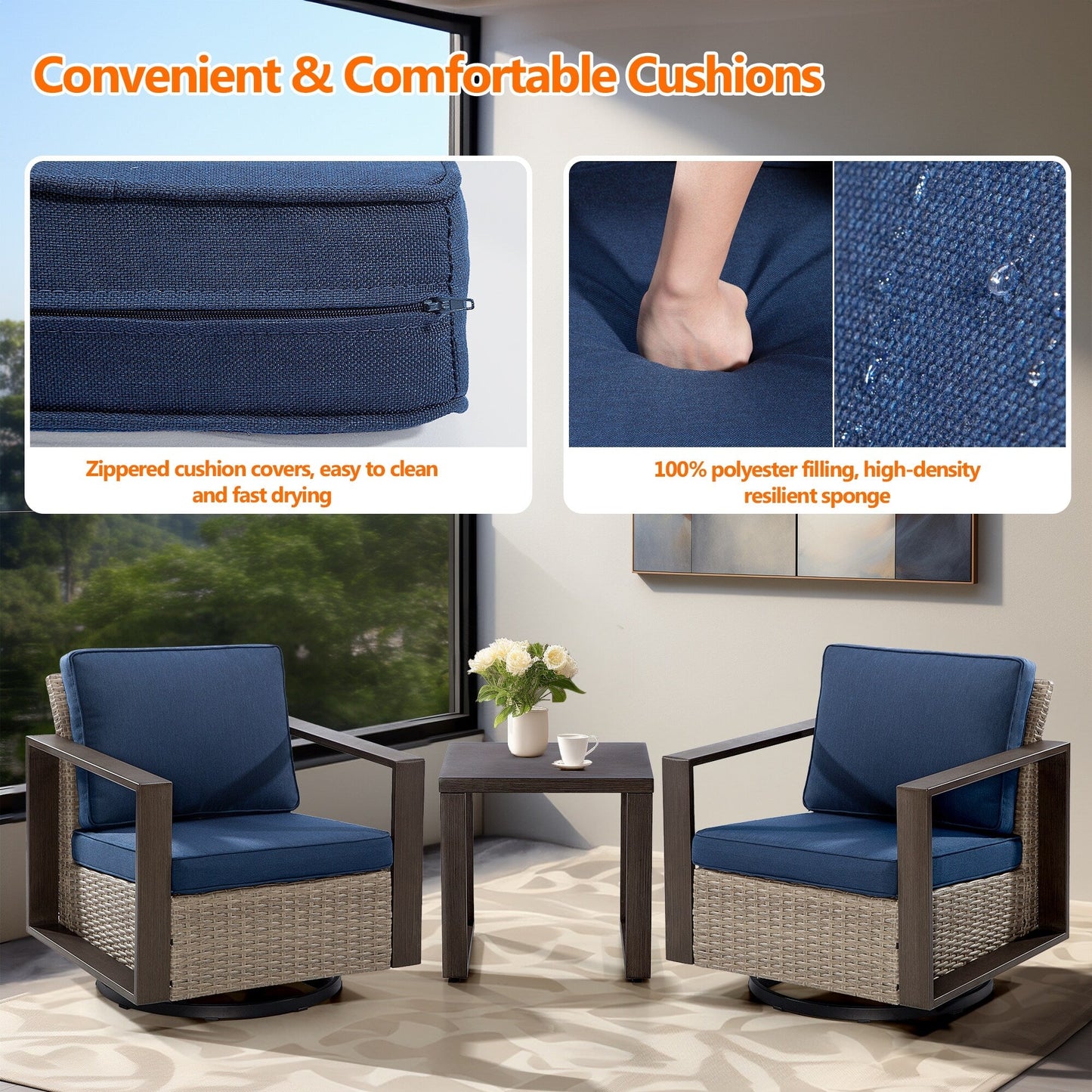 Cozywor - Set da conversazione con sedia a dondolo girevole da esterno, 3 pezzi, per patio e con tavolino laterale