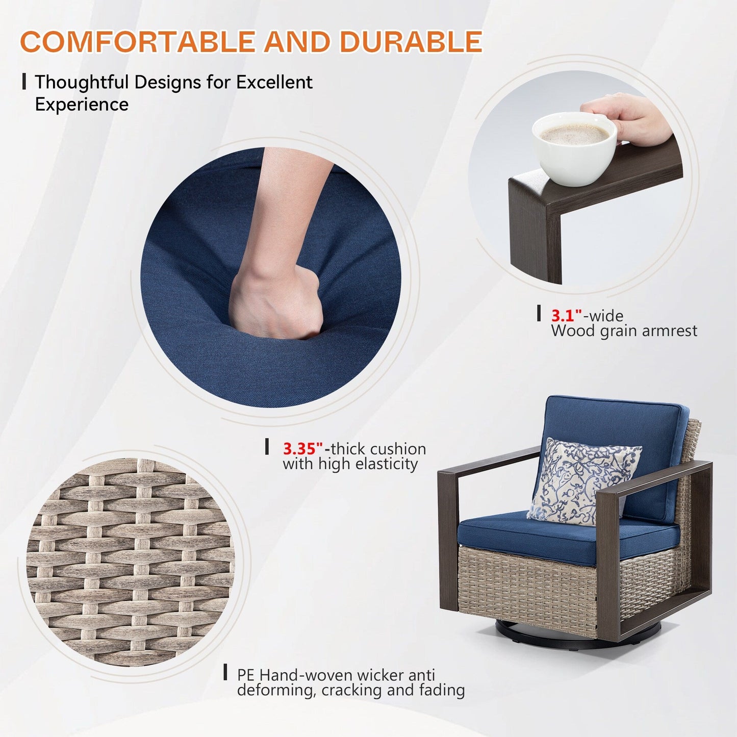 Cozywor - Set da conversazione con sedia a dondolo girevole da esterno, 3 pezzi, per patio e con tavolino laterale