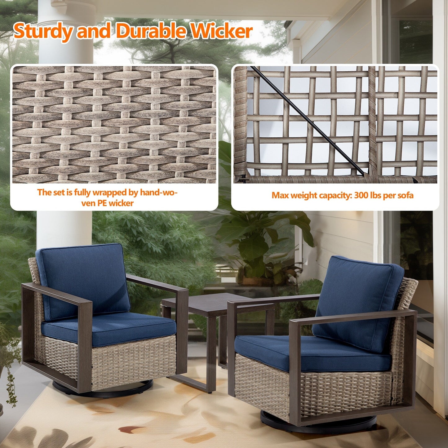 Cozywor - Set da conversazione con sedia a dondolo girevole da esterno, 3 pezzi, per patio e con tavolino laterale