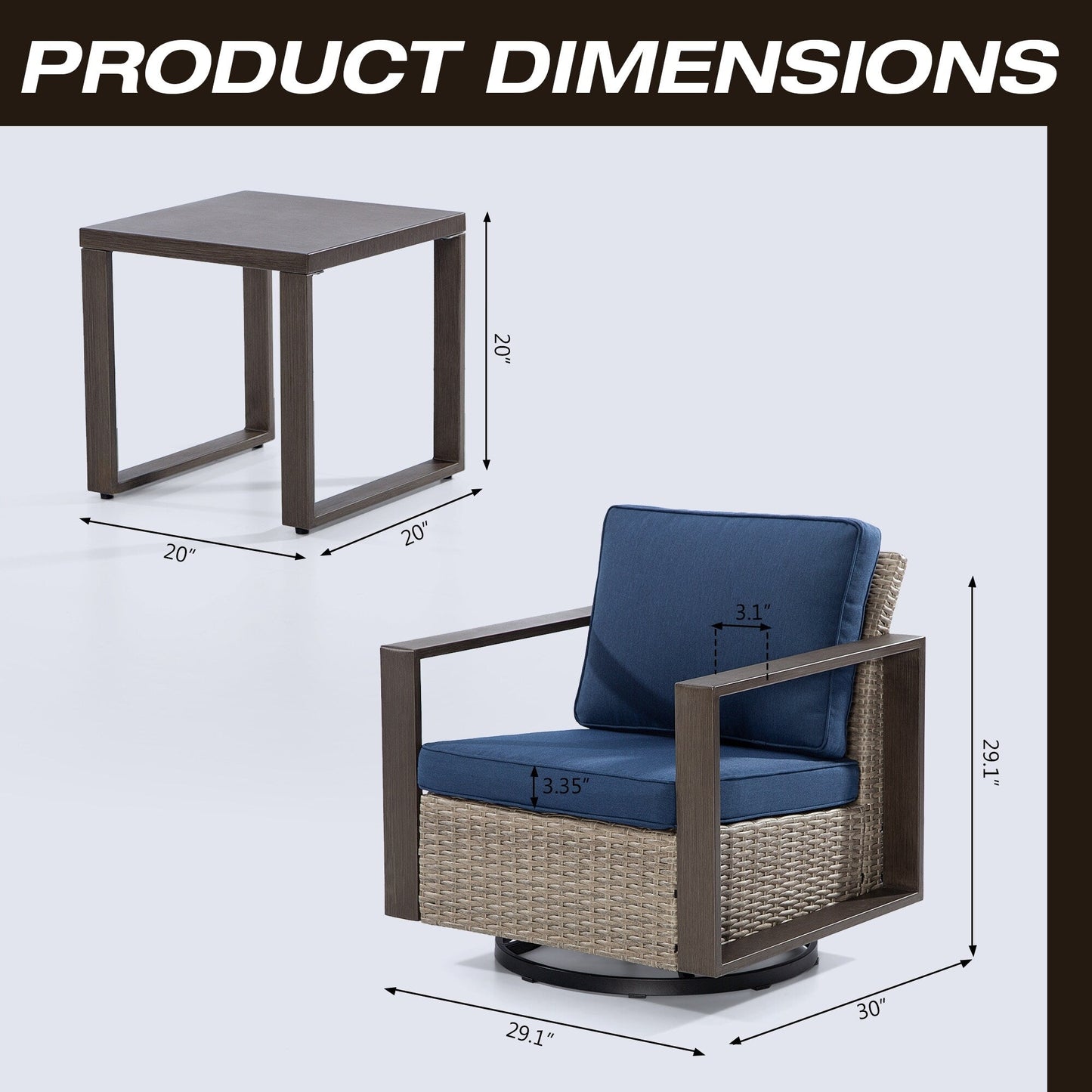 Cozywor - Set da conversazione con sedia a dondolo girevole da esterno, 3 pezzi, per patio e con tavolino laterale