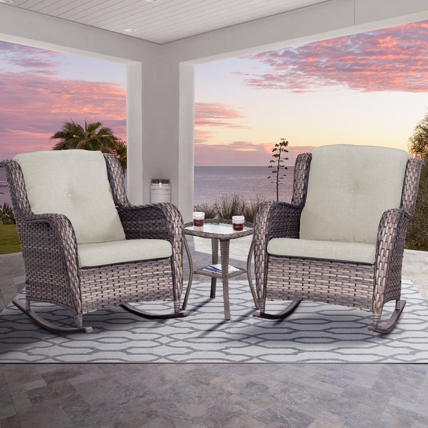 Set di sedie a dondolo da esterno in vimini Cozywor da 3 pezzi