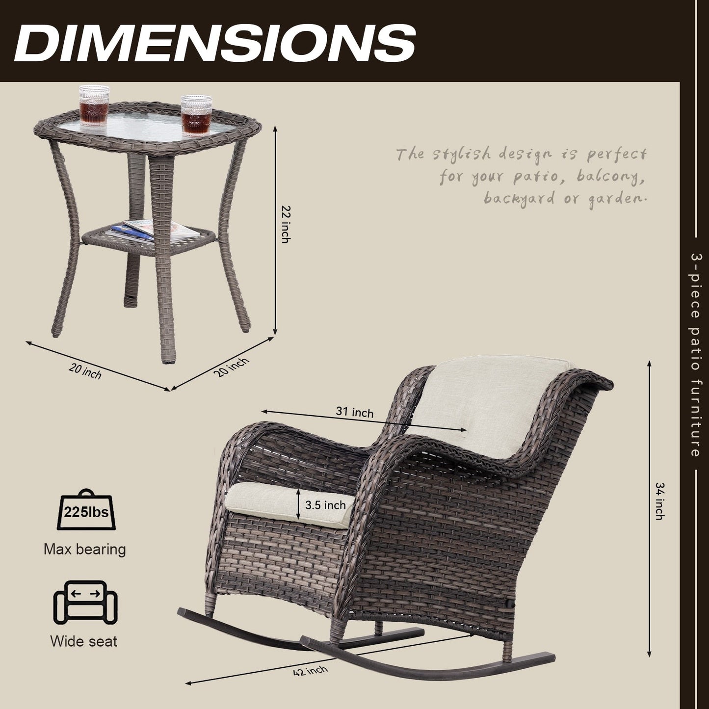 Set di sedie a dondolo da esterno in vimini Cozywor da 3 pezzi