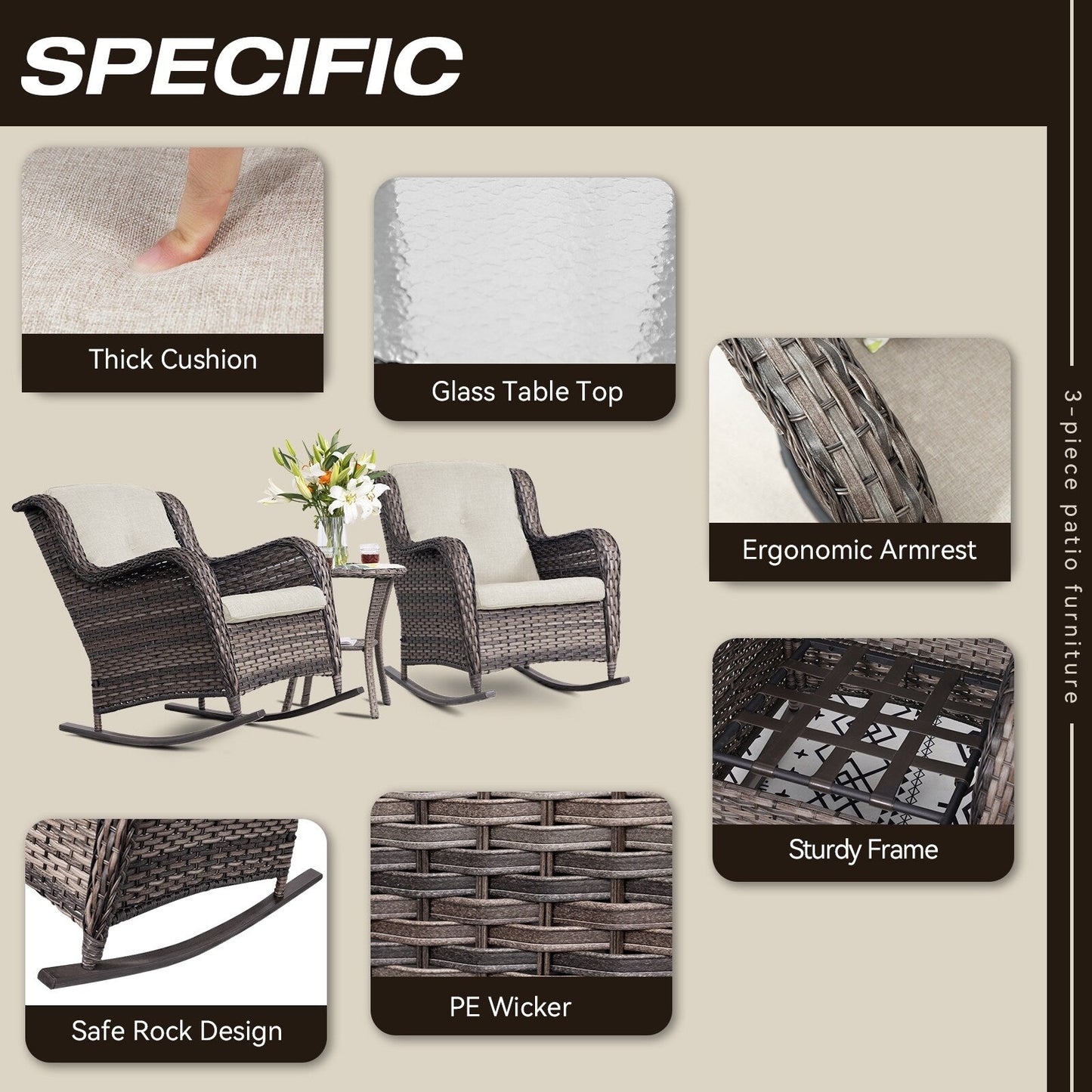 Set di sedie a dondolo da esterno in vimini Cozywor da 3 pezzi