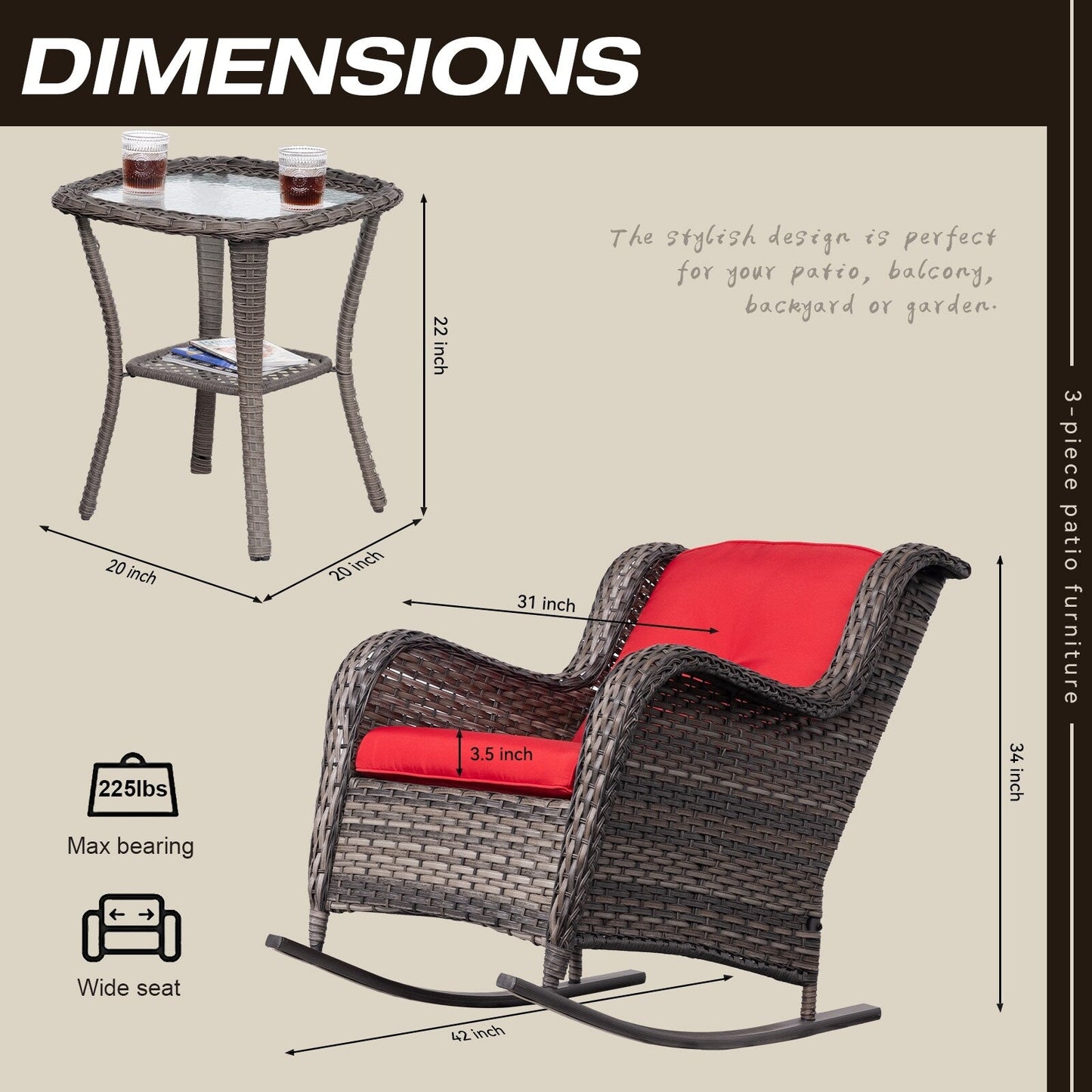 Set di sedie a dondolo da esterno in vimini Cozywor da 3 pezzi