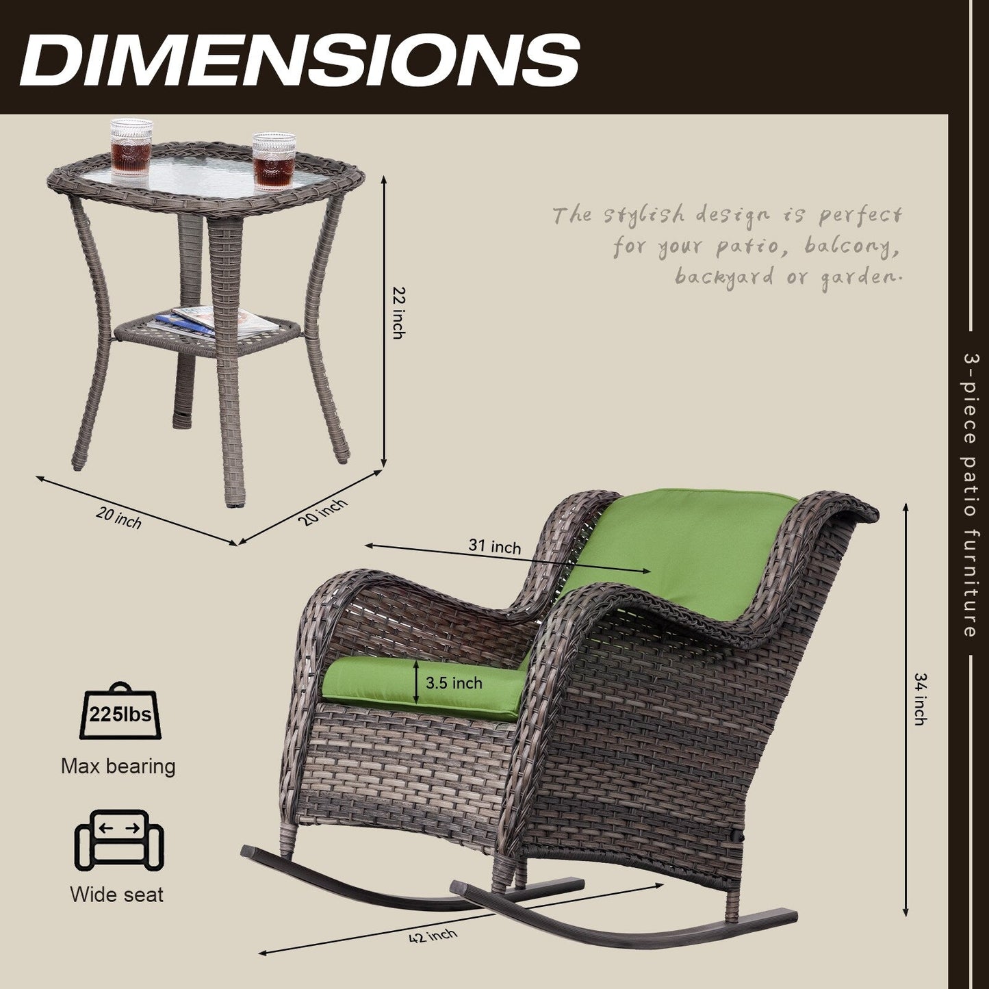 Set di sedie a dondolo da esterno in vimini Cozywor da 3 pezzi