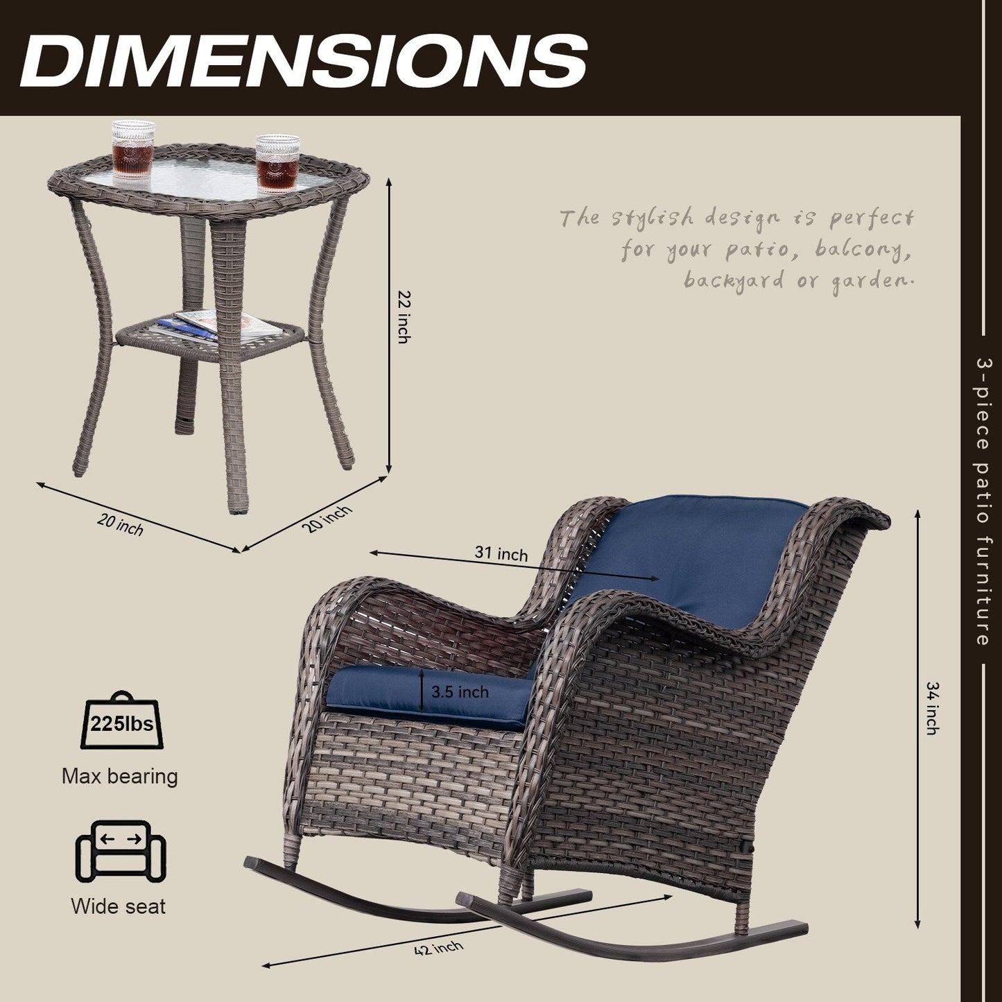 Set di sedie a dondolo da esterno in vimini Cozywor da 3 pezzi