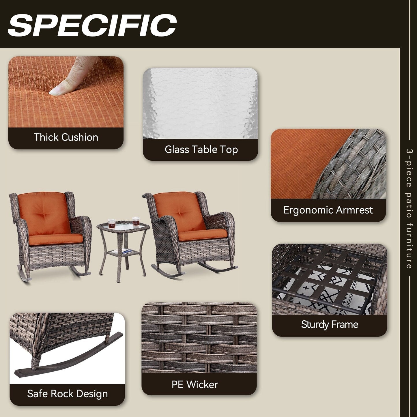 Set di sedie a dondolo da esterno in vimini Cozywor da 3 pezzi