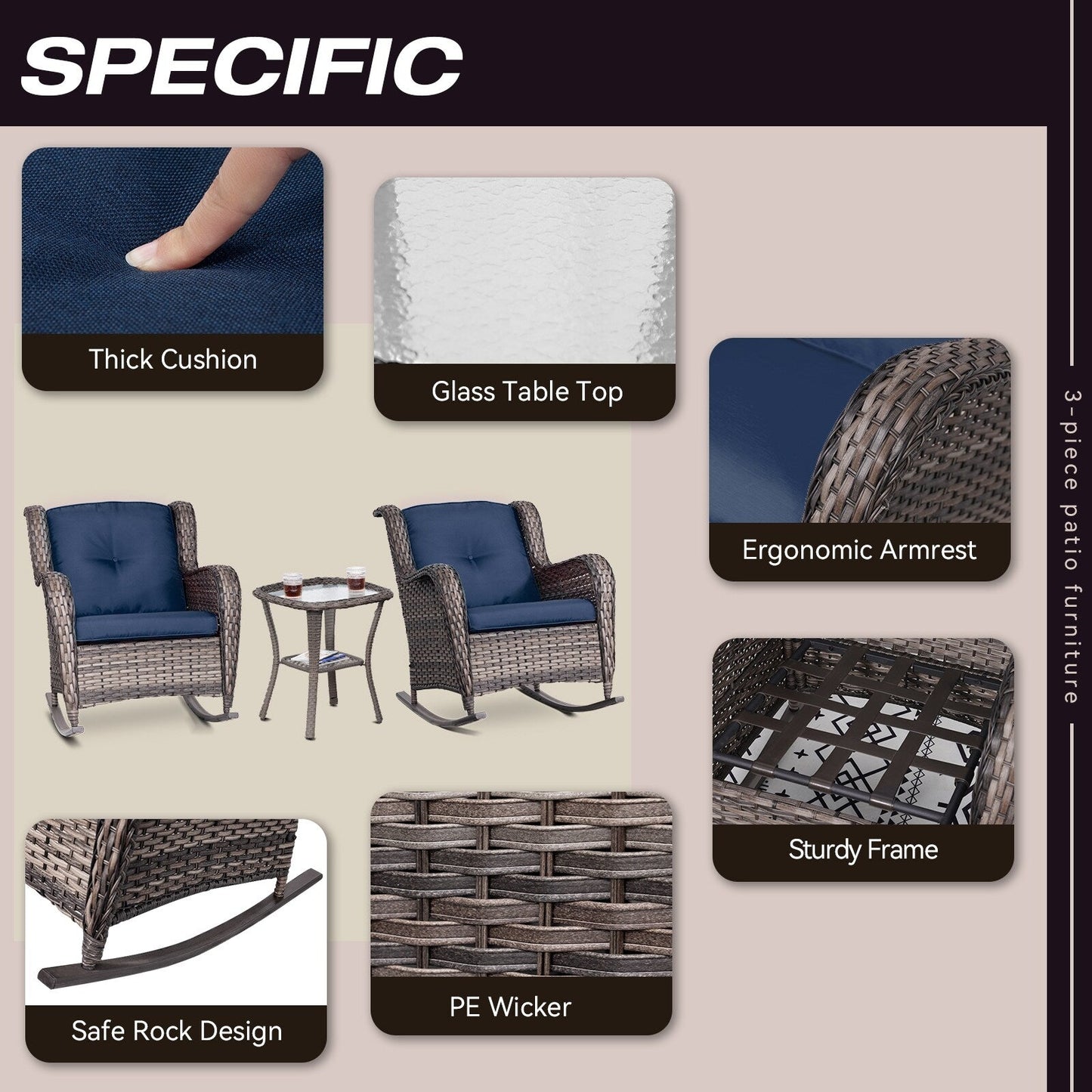 Set di sedie a dondolo da esterno in vimini Cozywor da 3 pezzi