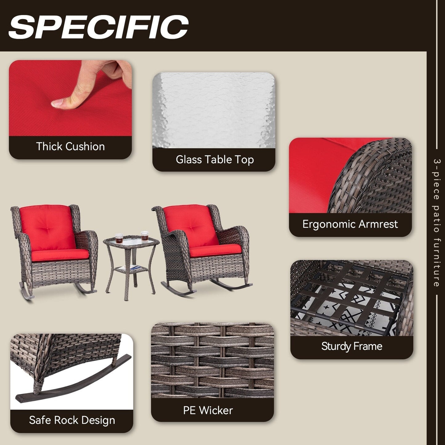 Set di sedie a dondolo da esterno in vimini Cozywor da 3 pezzi