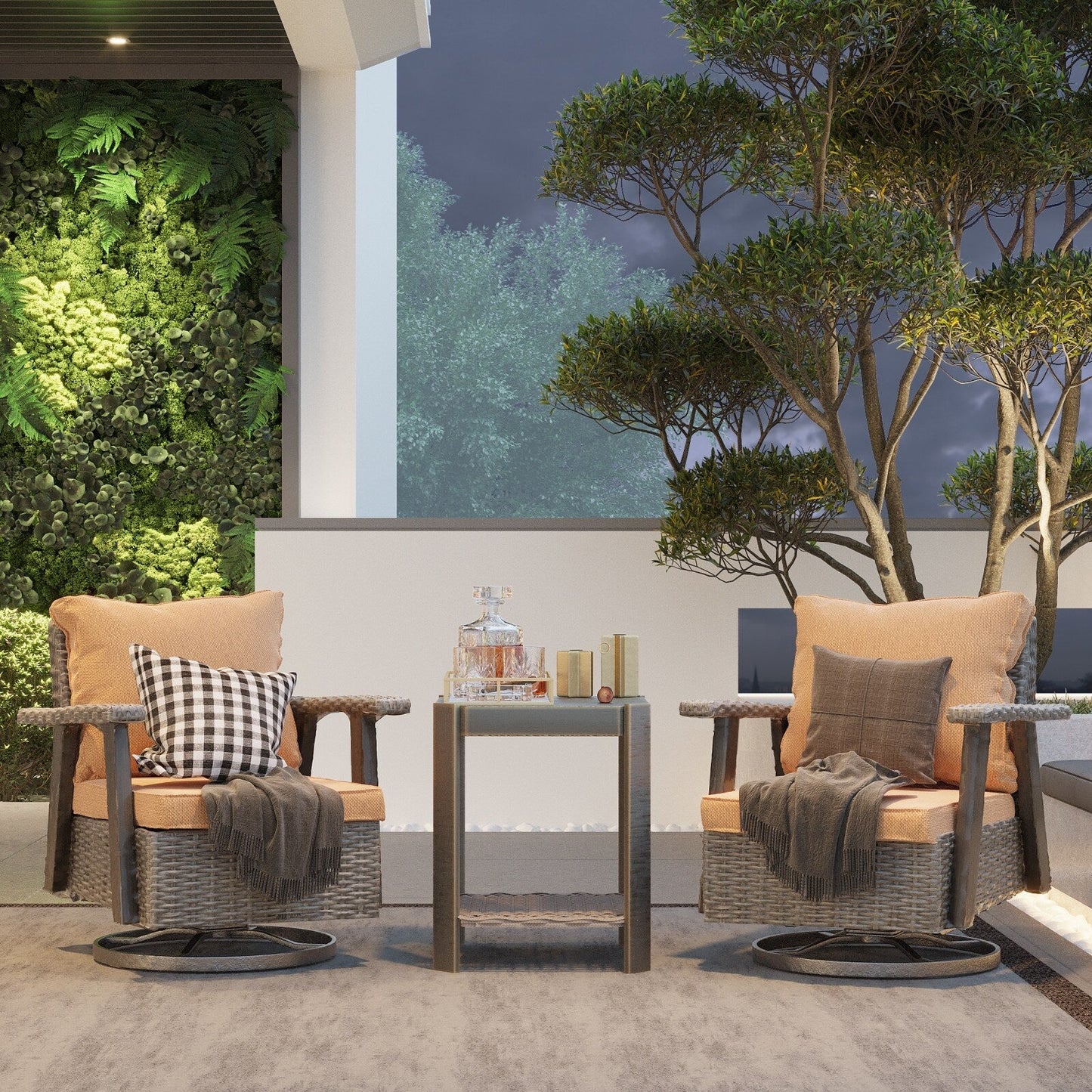 Set da conversazione con sedia a dondolo girevole da giardino in vimini Cozywor da 3 pezzi