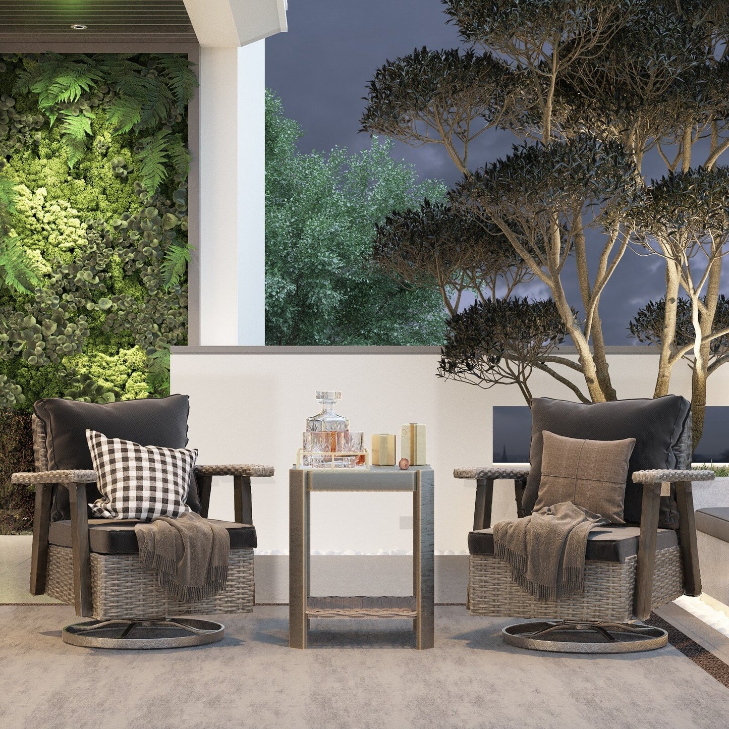 Set da conversazione con sedia a dondolo girevole da giardino in vimini Cozywor da 3 pezzi