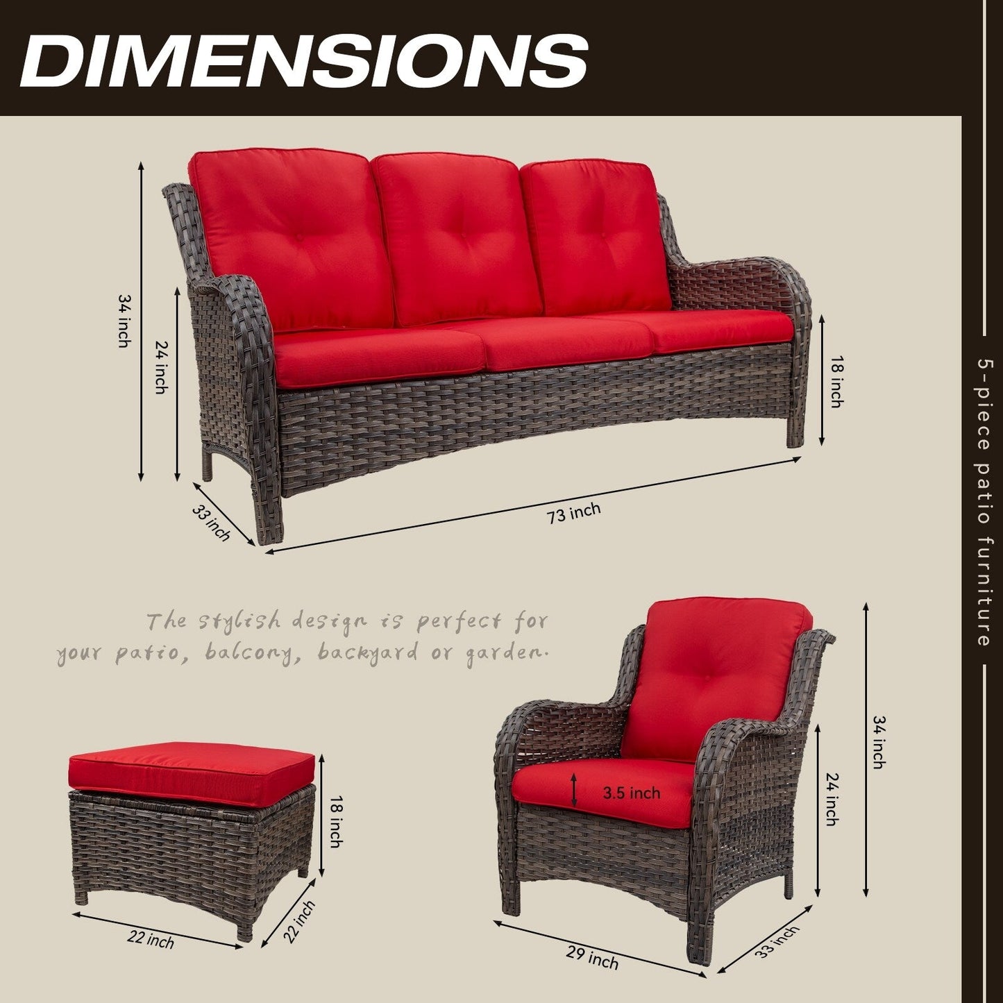 Set da conversazione per patio esterno in vimini Cozywor da 5 pezzi