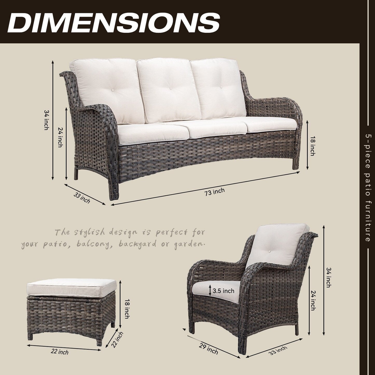 Set da conversazione per patio esterno in vimini Cozywor da 5 pezzi