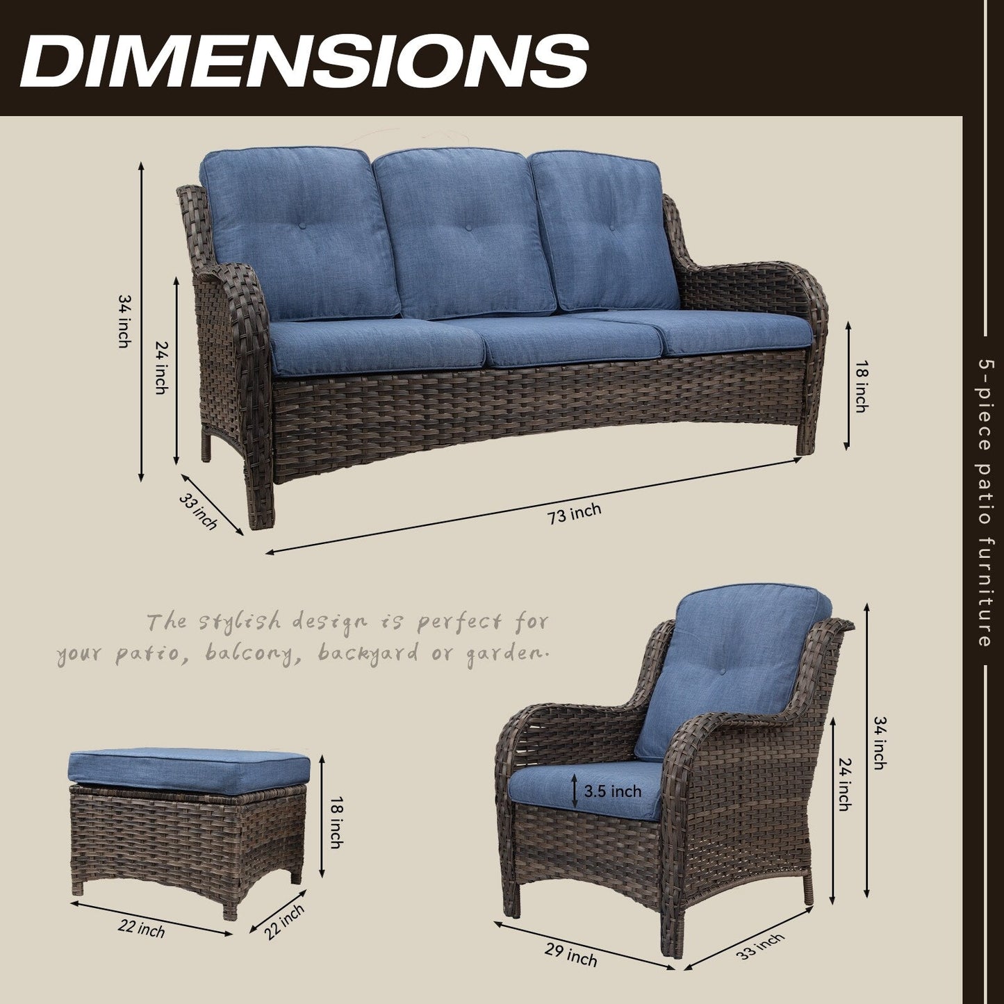 Set da conversazione per patio esterno in vimini Cozywor da 5 pezzi