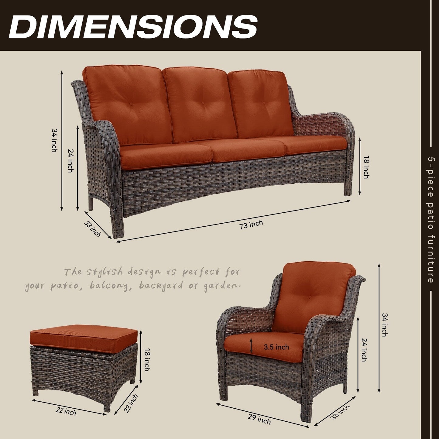 Set da conversazione per patio esterno in vimini Cozywor da 5 pezzi