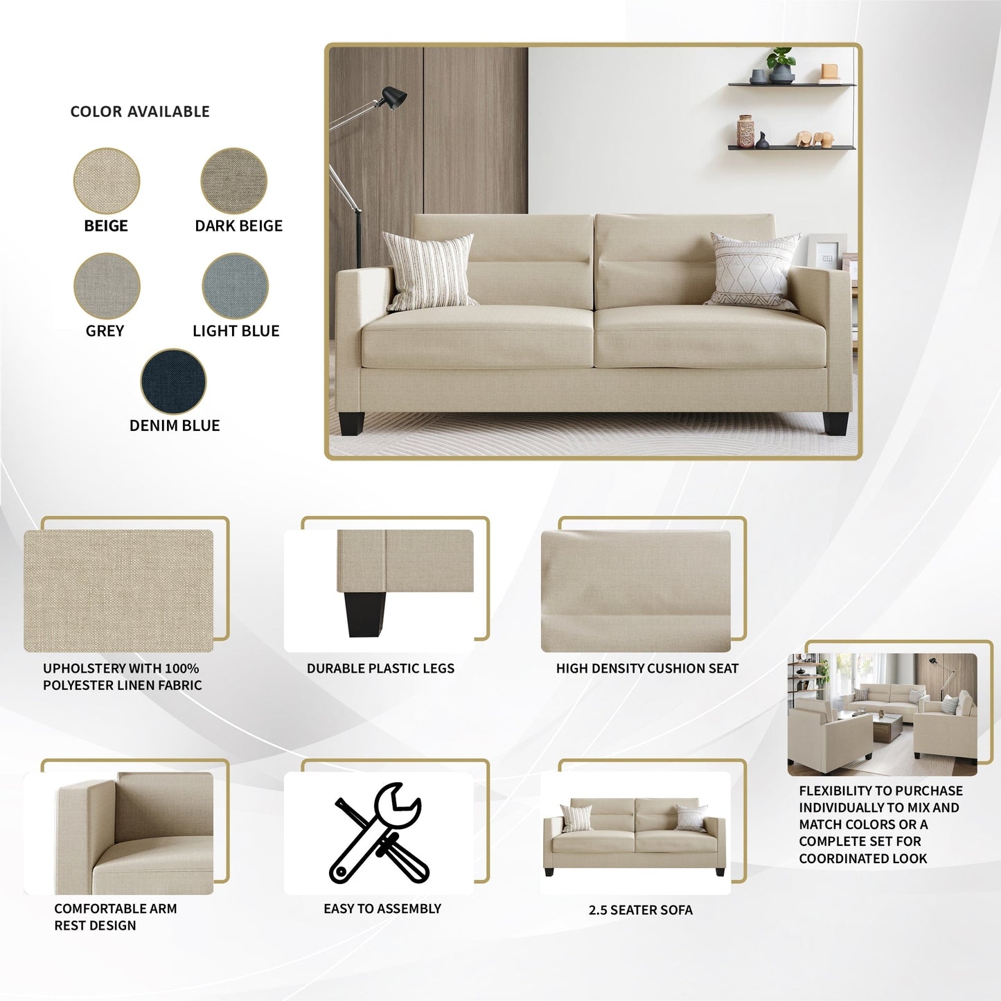 Divano imbottito in lino pulito e minimalista CraftPorch