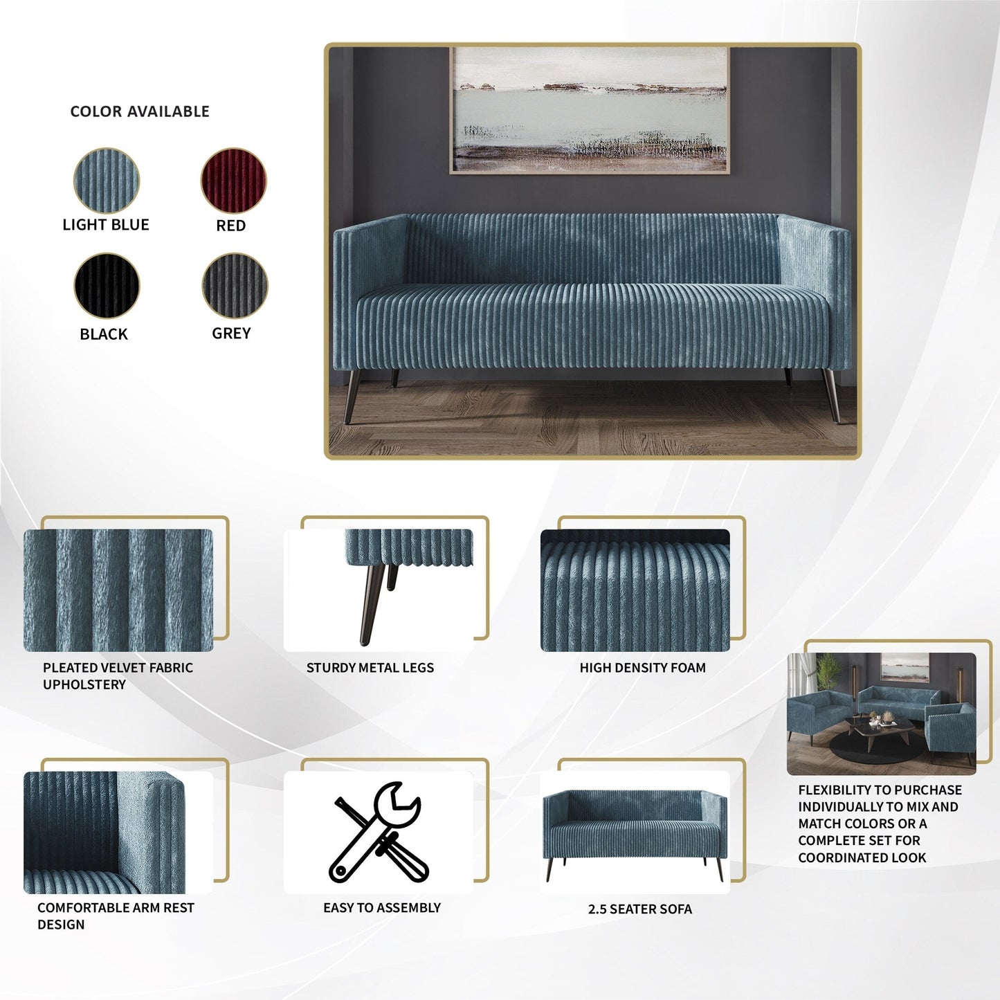 Divano imbottito in velluto a coste CraftPorch, moderno e glamour