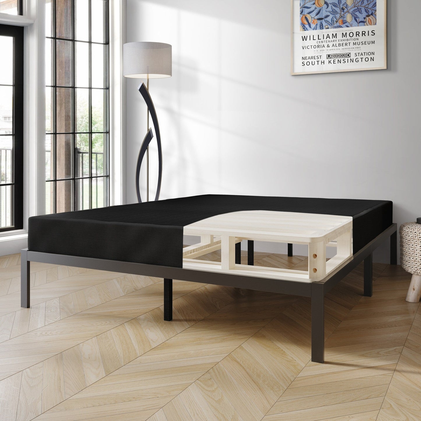 Base per letto a molle in legno massello CraftPorch da 5 pollici con doghe in legno e rivestimento in lino nero