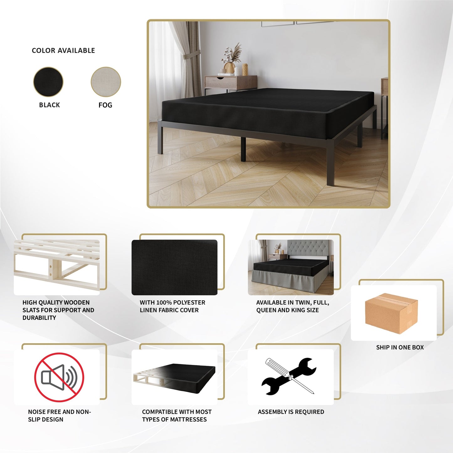 Base per letto a molle in legno massello CraftPorch da 5 pollici con doghe in legno e rivestimento in lino nero